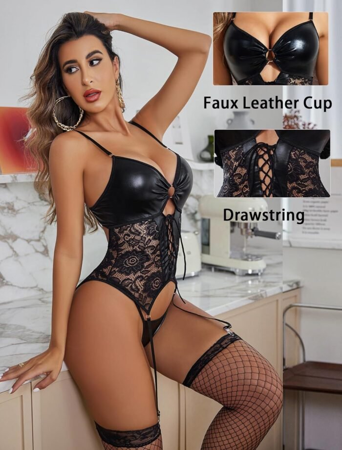 Avidlove Womens Lingerie Faux Leather Lingerie Lace Teddy Bodysuit Sexy Corset With Garter Belt - Image 2