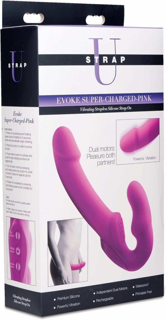 Strap U Evoke Rechargeable Vibrating Silicone Strapless Strap On, Pink - Image 2
