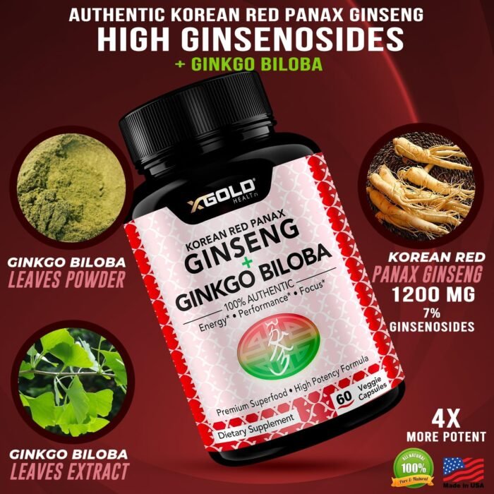 Korean Red Panax Ginseng 1200mg + Ginkgo Biloba - Extra Strength Root Extract Powder Supplement w/High Ginsenosides Vegan Capsules for Energy, Performance & Focus - Supplement for Men & Women - Image 4