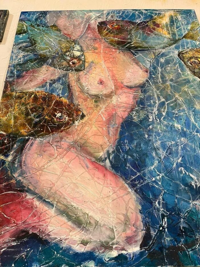 Original erotic art, large contemporary wall art, gift for him, bright textured art, original painting, topless girl, nude female, women art - Image 6