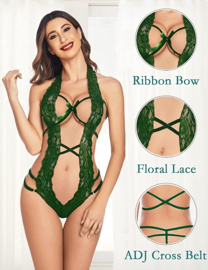 Avidlove Women Deep V Halter Lingerie Teddy One Piece Bodysuit Lace Babydoll - Image 2