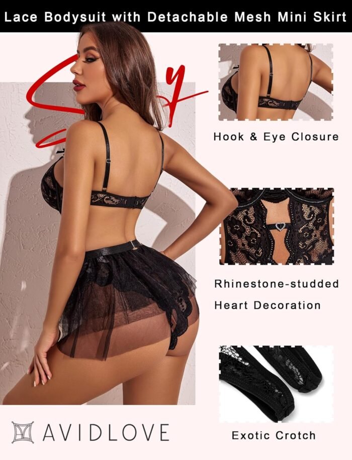 Avidlove Lingerie for Women Lace Bodysuit with Detachable Mesh Mini Skirt Push Up Teddy Lingerie Set - Image 4
