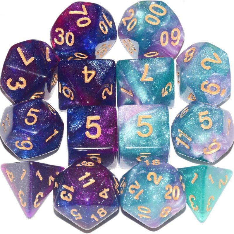 DND Dice 2 X 7Sets, 14Pieces Glitter Sparkle Cosmic Mixed Polyhedral DND Dice for RPG MTG Table Game Dice