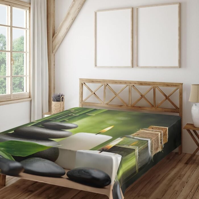 Ambesonne Spa Themed Flat Sheet, Exotic Rocks Candles and Landscape of Tropical Trees Print on Blurry Back, Soft Comfortable Top Sheet Decorative Bedding 1 Piece, California King, White Black Green - Image 2