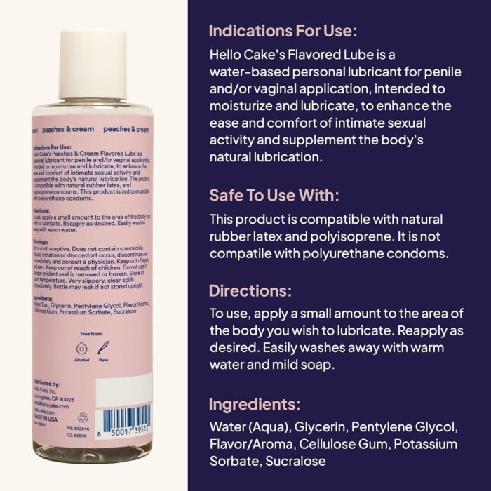 Hello Cake Peaches & Cream Flavored Lube - Water-Based Personal Lubricant - Vegan, Sugar-Free, Gluten-Free - Easy Clean-Up - for Men, Women, and Couples, 8 fl oz - Image 2
