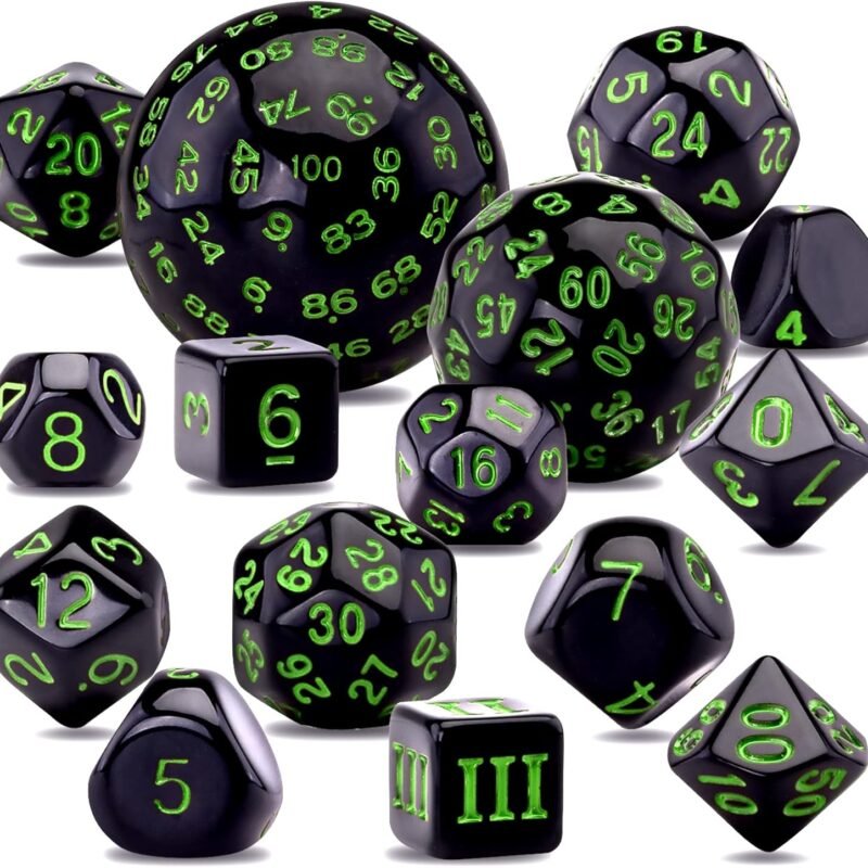 AUSTOR 15 Pieces Complete Polyhedral Dice Set D3-D100 Game Dice Set with a Leather Drawstring Storage Bag for Role Playing Table Games(Black & Green)