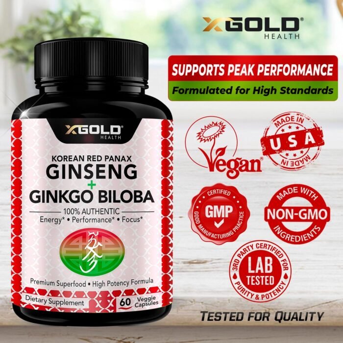 Korean Red Panax Ginseng 1200mg + Ginkgo Biloba - Extra Strength Root Extract Powder Supplement w/High Ginsenosides Vegan Capsules for Energy, Performance & Focus - Supplement for Men & Women - Image 6