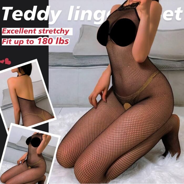Sexy Lingerie For Women Naughty Sparkle Rhinestone Lingerie Set Fishnet Teddy Erotic Mesh Rave Outfit - Image 3