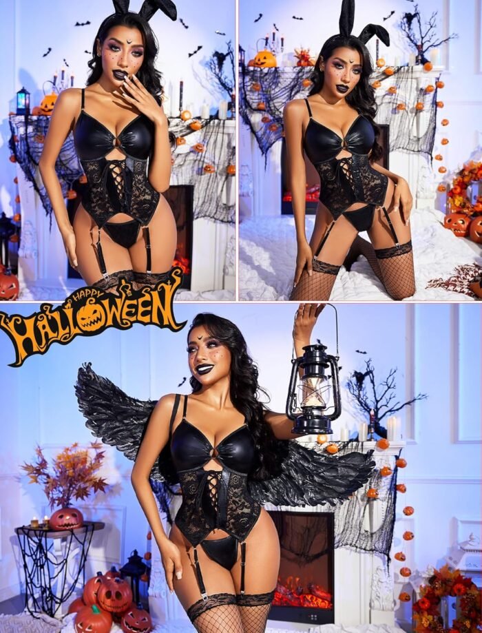 Avidlove Womens Lingerie Faux Leather Lingerie Lace Teddy Bodysuit Sexy Corset With Garter Belt - Image 5