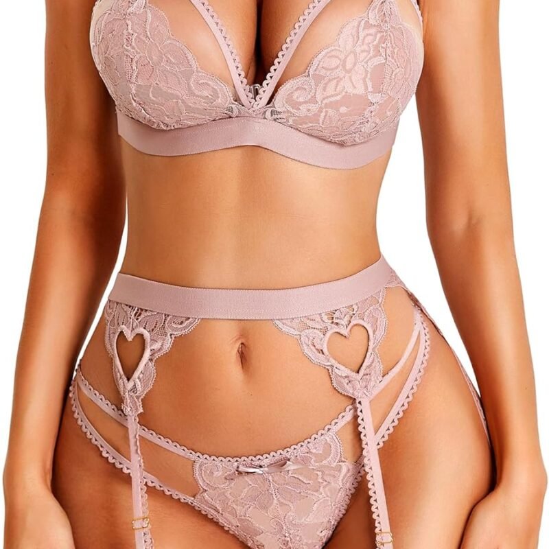 RSLOVE Women Lingerie Sets with Garter Belt 3 Piece Lace Teddy Babydoll Bodysuit