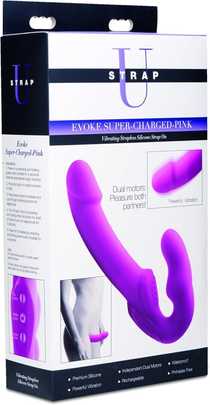 Strap U Evoke Rechargeable Vibrating Silicone Strapless Strap On, Pink - Image 6