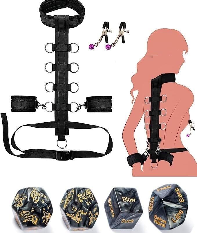 Neck to Wrist Sex Restraints Handcuffs Bondage Bed Ties Restraints Sex King Bed Straps with 4pcs Sex Dice Set BDSM Bed Sex Restraints Toy Wrist Thigh Leg Restraint Hand & Ankle Cuff Yoga Sweater 2N3