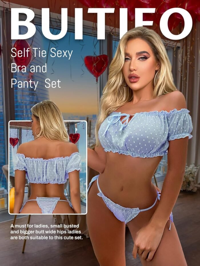 Buitifo Women Lingerie Set Lace Babydoll Self Tie Sexy Bra and Panty Pajamas Set - Image 2
