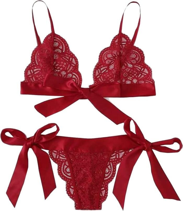 Sexy Lingerie Set for Women Lace Scalloped Bra with Bow Tie Side Trim Underpant Elegant Apparel