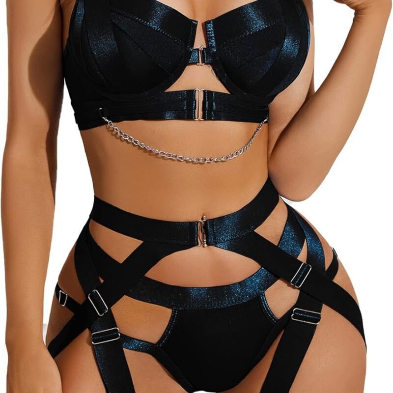 Avidlove Lingerie Set for Women Sexy Strappy Lingerie Underwire Push Up Bra Garter Set Lingerie with Chain