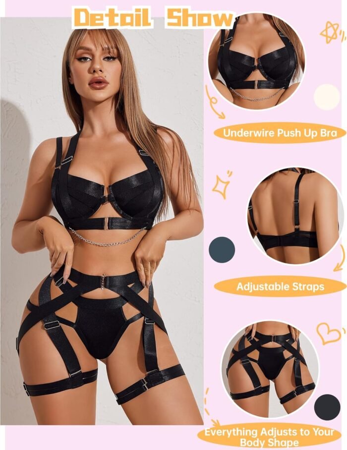 Avidlove Lingerie Set for Women Sexy Strappy Lingerie Underwire Push Up Bra Garter Set Lingerie with Chain - Image 5