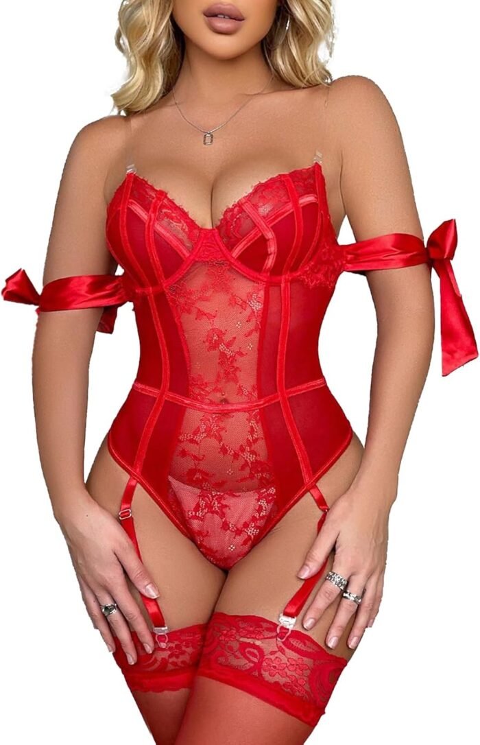 Women Lingerie Sets Lace Bodysuit with Stockings Embroidered Hollow Out Bow Sexy 2 Piece Lingerie Set For Women