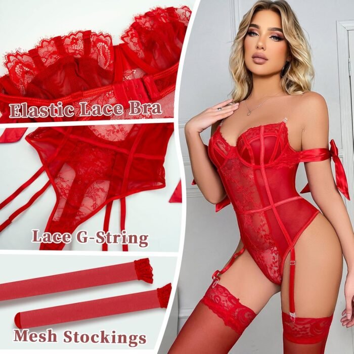 Women Lingerie Sets Lace Bodysuit with Stockings Embroidered Hollow Out Bow Sexy 2 Piece Lingerie Set For Women - Image 3