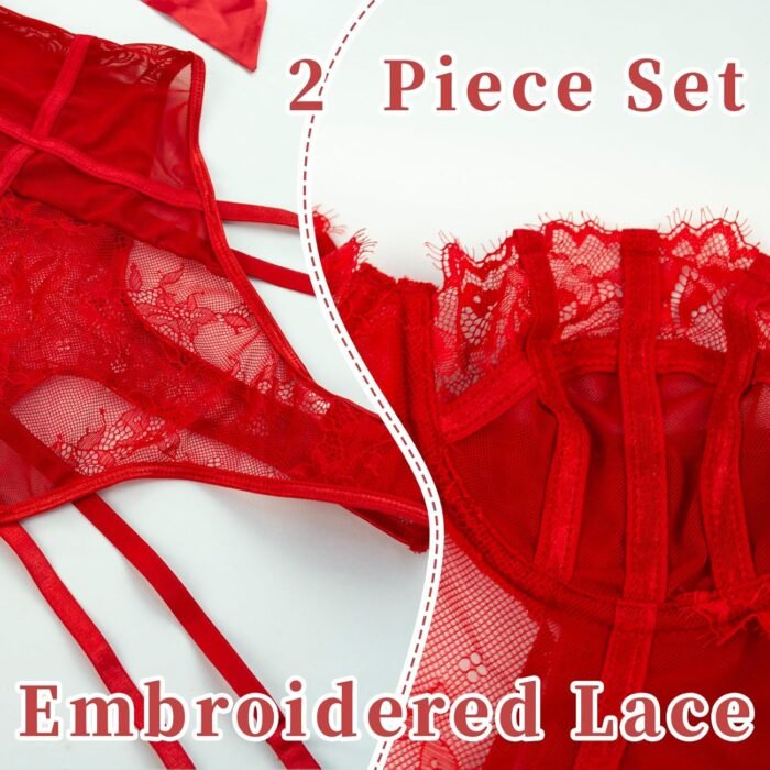 Women Lingerie Sets Lace Bodysuit with Stockings Embroidered Hollow Out Bow Sexy 2 Piece Lingerie Set For Women - Image 4