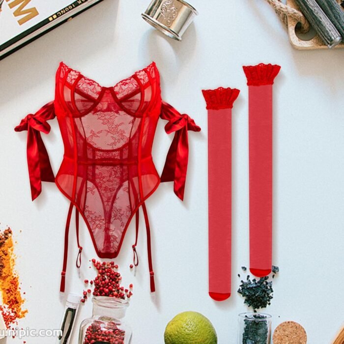 Women Lingerie Sets Lace Bodysuit with Stockings Embroidered Hollow Out Bow Sexy 2 Piece Lingerie Set For Women - Image 6
