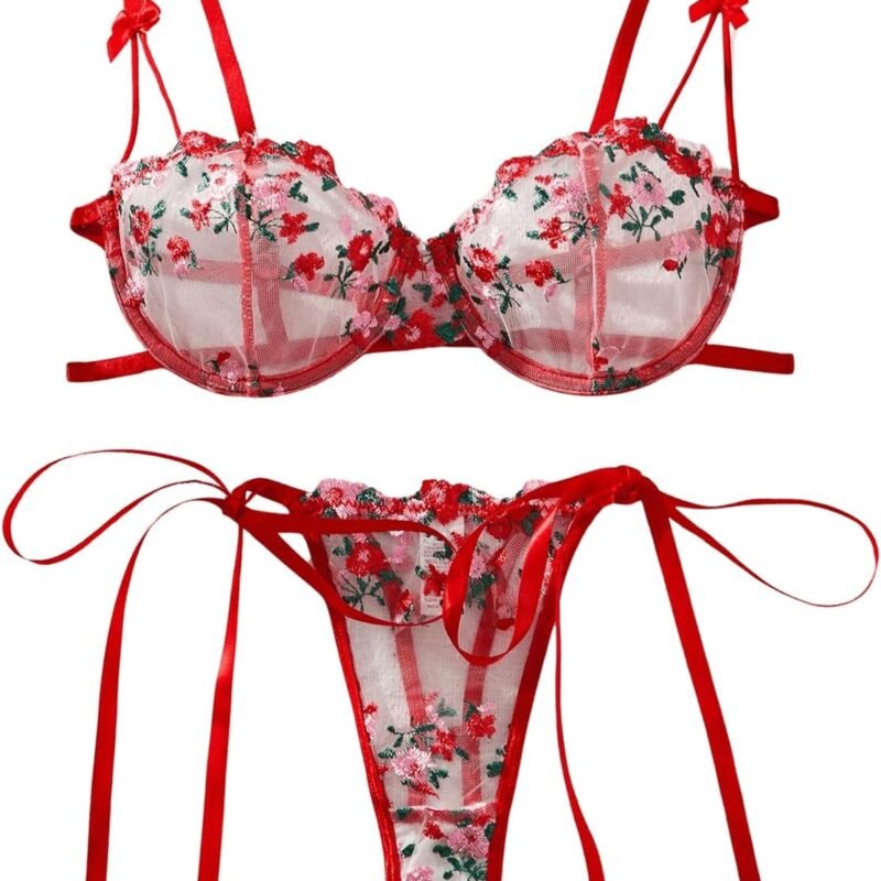 GORGLITTER Women's Bow Bra Sexy Lingerie Set Mesh Push Up Bralette and Panty 2 Piece