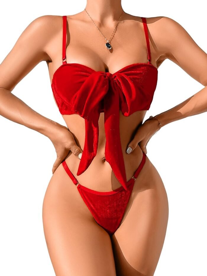 Kaei&Shi Unwrap Bow Lingerie,Velvet Matching Bra And Panty Sets For Women,Sexy Present Christmas Valentines Day