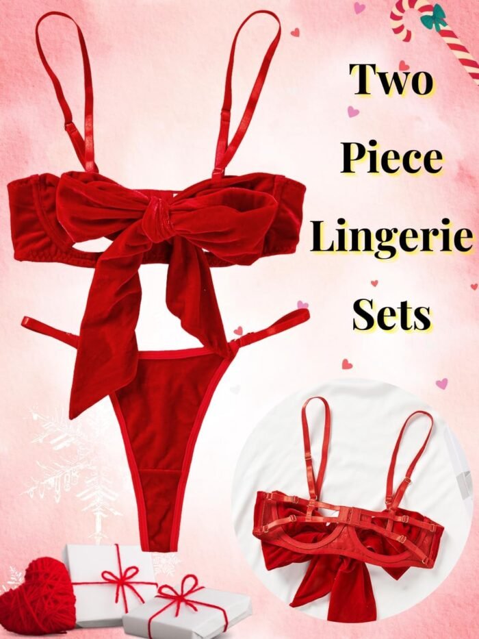 Kaei&Shi Unwrap Bow Lingerie,Velvet Matching Bra And Panty Sets For Women,Sexy Present Christmas Valentines Day - Image 4