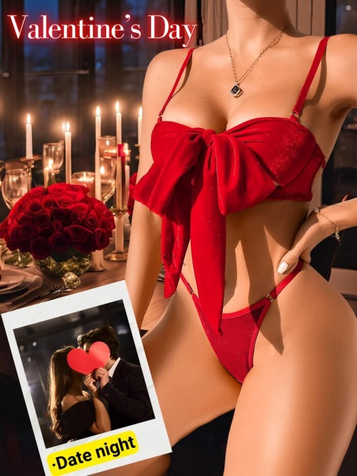 Kaei&Shi Unwrap Bow Lingerie,Velvet Matching Bra And Panty Sets For Women,Sexy Present Christmas Valentines Day - Image 5