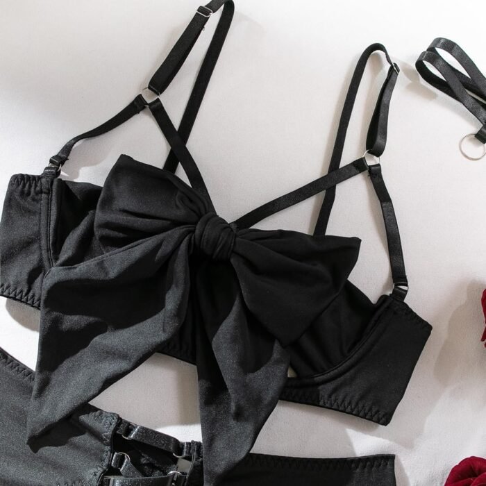 Sexy Strappy Black Bow Lingerie Set with Sheer Gloves and Thigh Bands – Ultimate Temptation for Special Nights - Image 7
