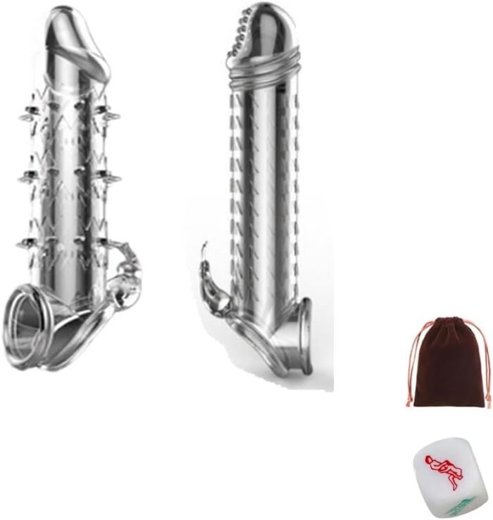 Silicone Penis Sleeve Reusable Condoms Stretchy Textured Studded Stretchy Penis Extender Set Cock Sleeve Penis Rings Erection Delay Sex Toys for Men Couples with Sex Dice 3PCS