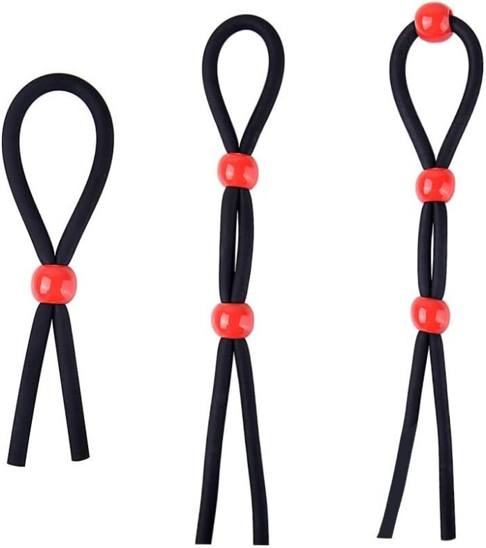 Utimi Adjustable Cock Ring Set Love Rings Basic Penis Ring Sex Toys, Silicone Male Cock Ties Black String with Red Beads, Designed for Harder Erection, 3 Pcs