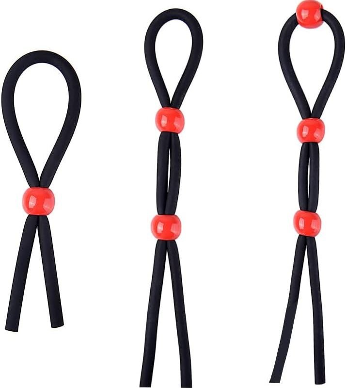 Utimi Adjustable Cock Ring Set Love Rings Basic Penis Ring Sex Toys, Silicone Male Cock Ties Black String with Red Beads, Designed for Harder Erection, 3 Pcs