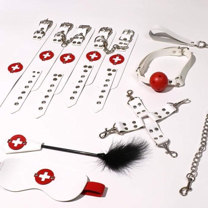 BDSM Nurse Bondage Set for Couples – 8-Piece Kit with Handcuffs, Leg Cuffs, Gag, Restraint Rope, Feather Tickler, Eye Mask & Cross Buckle - Enhance Your Intimate Experience (White) - Image 2