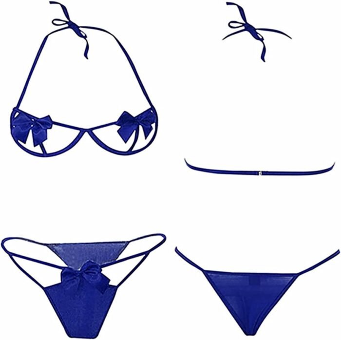 Women Lingerie 2 pieces Cute Bow Bra and Panty Set Self Tie Halter Neck Sexy Babydoll Strappy Underwear Sleepwear - Image 2