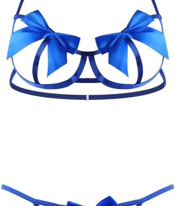 Women Lingerie 2 pieces Cute Bow Bra and Panty Set Self Tie Halter Neck Sexy Babydoll Strappy Underwear Sleepwear