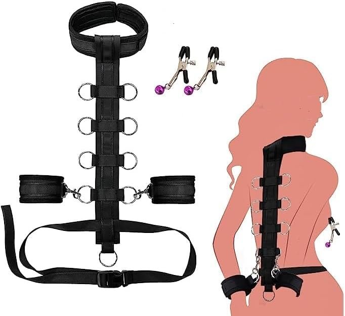 Neck to Wrist Restraints Kit with Collar Metal O Rings BDSM Sex Handcuffs Bed Restraint Straps for Couples,Sexy Toys Set with Adjustable Wrists Ankle Cuffs Sweater Yoga M24