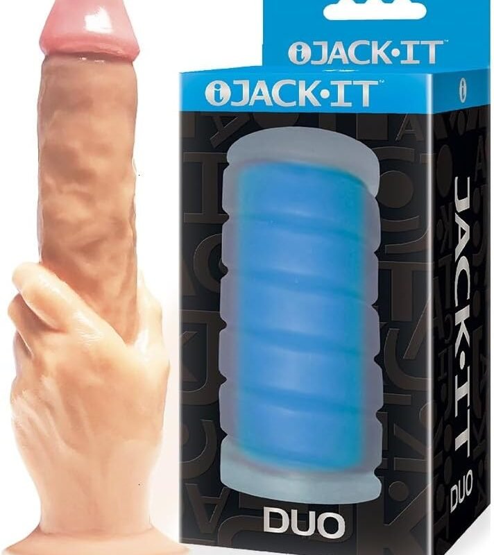 Sex Toy Couples kit of Massive The Grip Cock-in-Hand Dildo and Icon Brands Jack-It Duo, Sky Blue