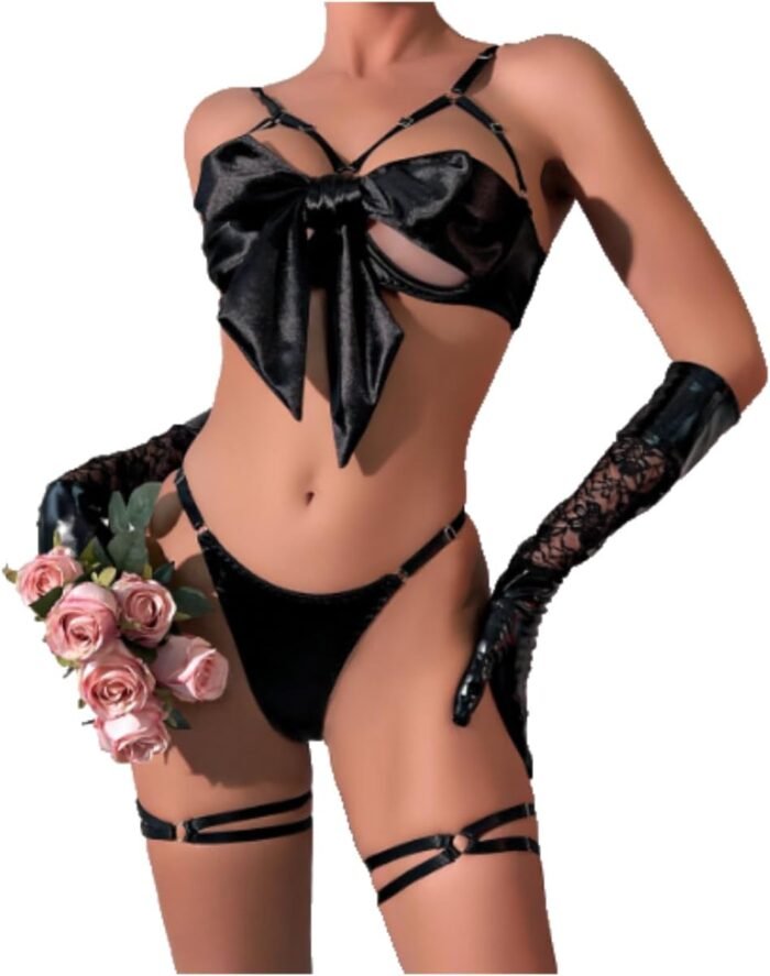 [JUICYCRACY] Sexy Bow Satin Christmas Lingerie Set for Women Bra and Panty