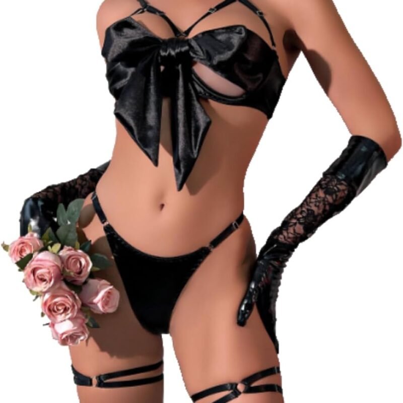 [JUICYCRACY] Sexy Bow Satin Christmas Lingerie Set for Women Bra and Panty