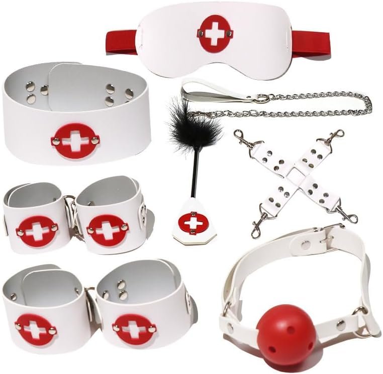 BDSM Nurse Bondage Set for Couples – 8-Piece Kit with Handcuffs, Leg Cuffs, Gag, Restraint Rope, Feather Tickler, Eye Mask & Cross Buckle - Enhance Your Intimate Experience (White)