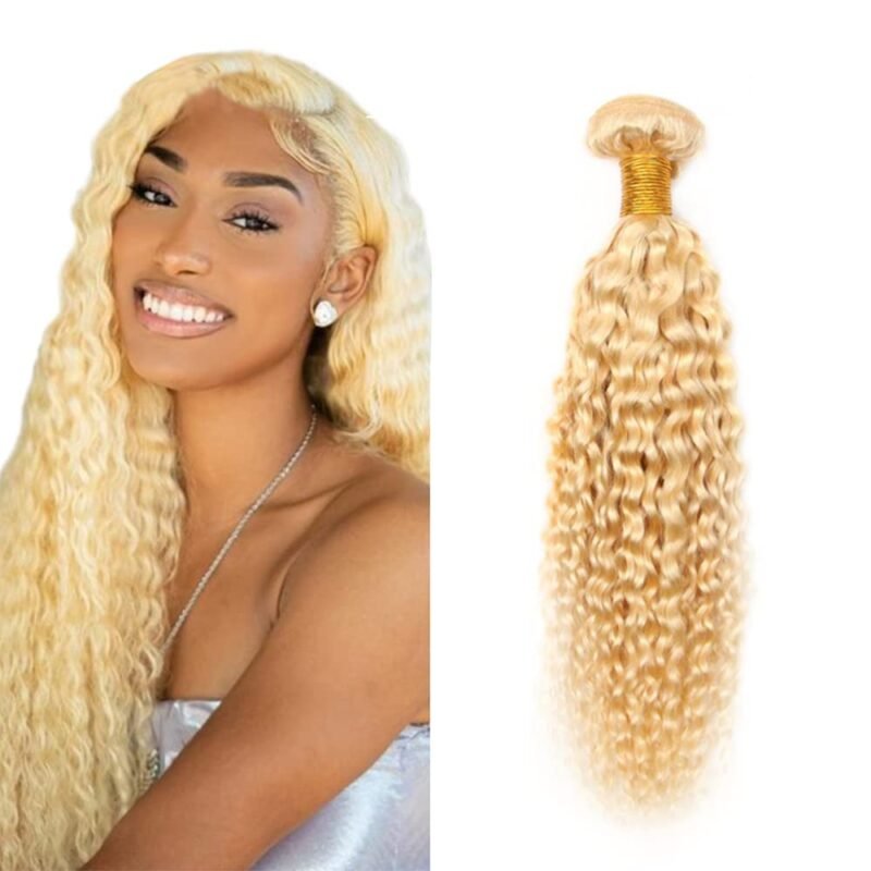 613 Human Hair Bundles Blonde Kinky Curly Bundles 16 Inch Grade 8A Brazilian Virgin Remy Hair 1 Bundle Double Weft Soft Real Hair Weave