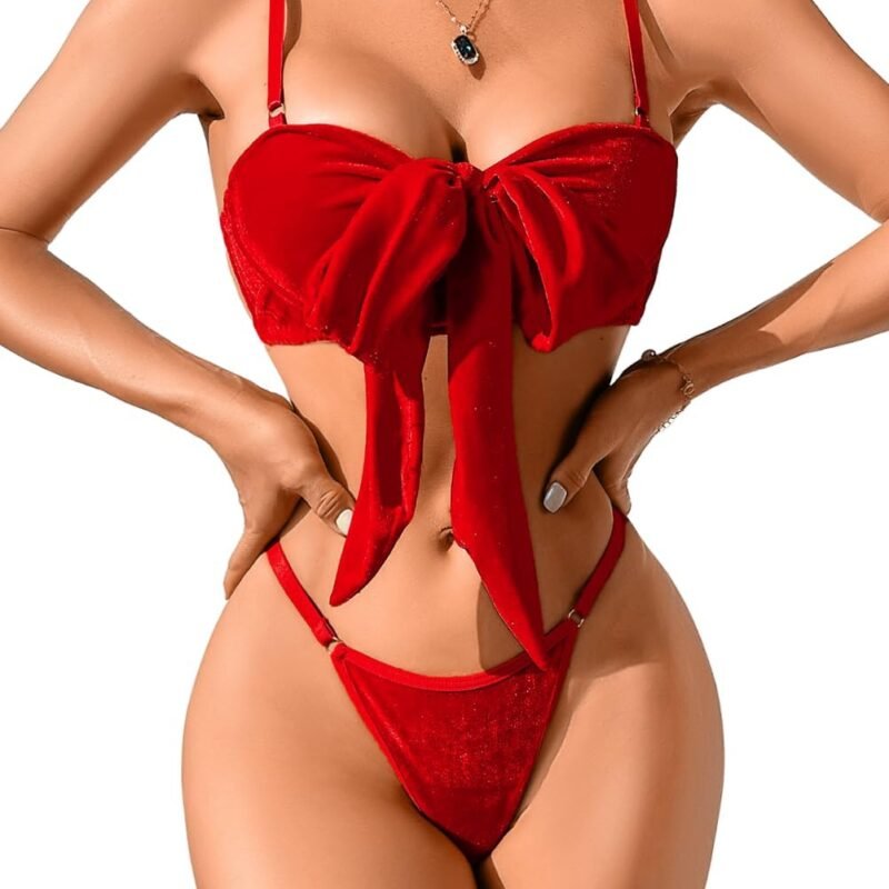 Kaei&Shi Unwrap Bow Lingerie,Velvet Matching Bra And Panty Sets For Women,Sexy Present Christmas Valentines Day