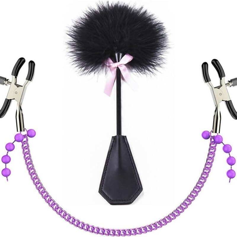 Flirting Flirt Whip Spanking Paddle Feather Tickler Hand Slapper With Nipple Clamps Clips Metal Chain Nipple Jewelry Nipple toys Role Play Game