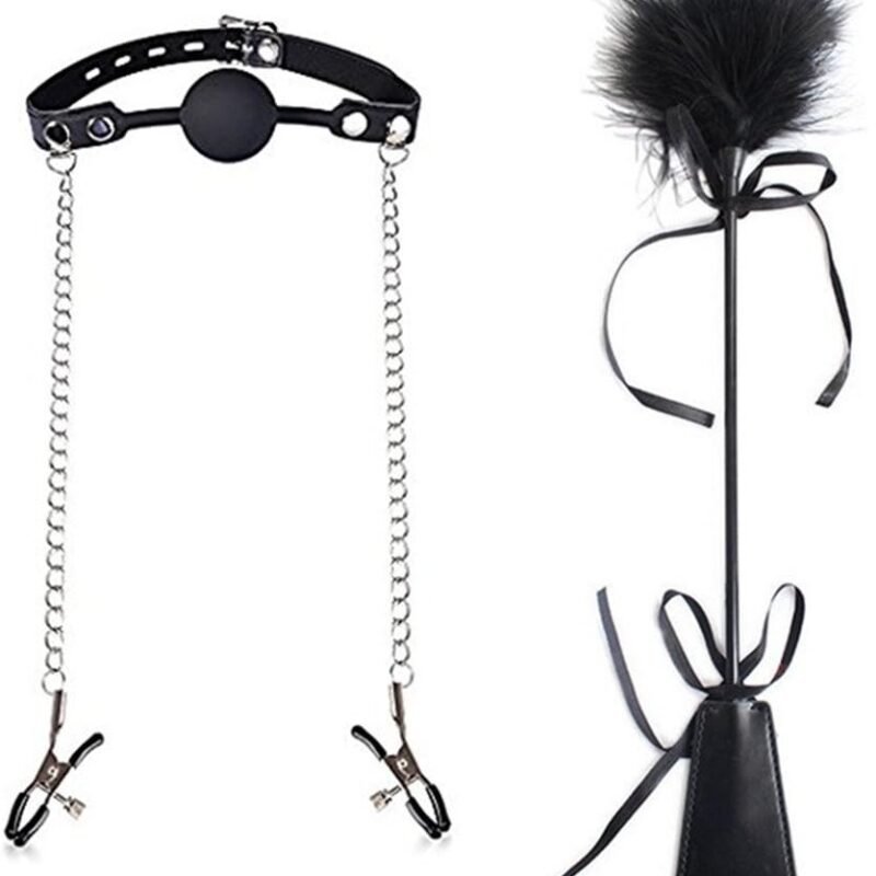SM Bondage Sex Toys Flirt Whip Spanking Paddle Feather Tickler Hand Slapper with Soft Silicone Ball Mouth Gag Nipple Clamps Chain Clips Jewelry