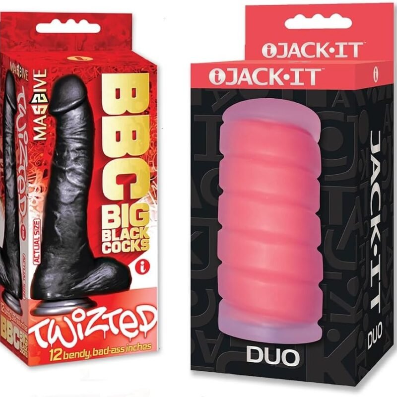 Sex Toy Couples kit of Big Black Cock Twizted 11 Inch Dildo and Icon Brands Jack-It Duo, Cherry