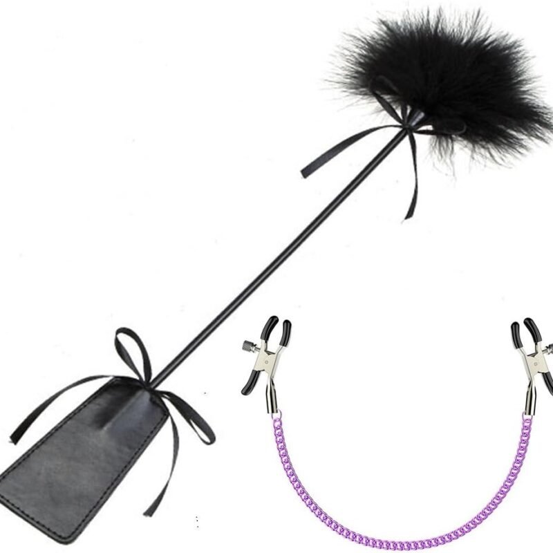 Love Flirting Flirt Whip Hand Slapper Spanking Paddle Feather Tickler with Nipple Clamps Clips Metal Chain Nipple Jewelry Nipple Toy Role Play Game