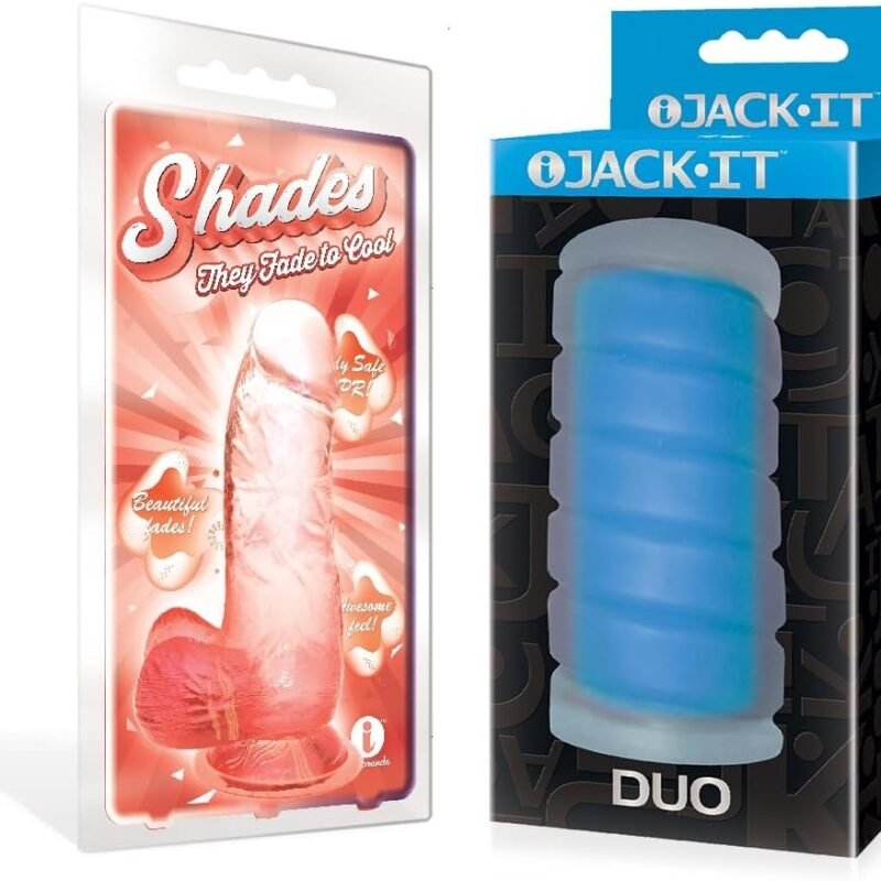 Sex Toy Couples kit of Shades, Small Jelly TPR, Gradient Dong, Coral and Icon Brands Jack-It Duo, Sky Blue