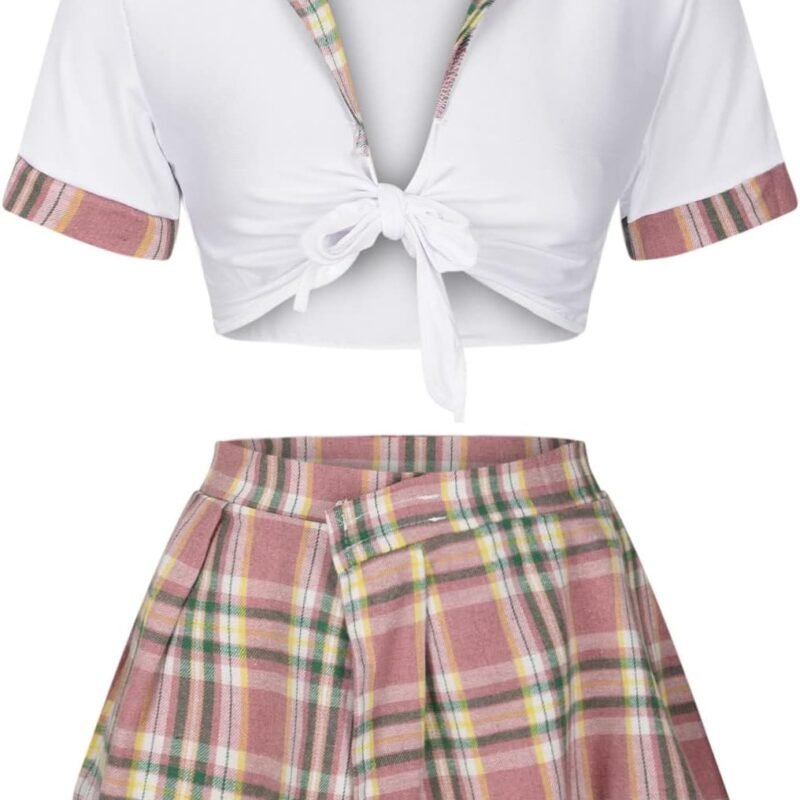 Women Schoolgirl Lingerie Sexy Roleplay Student Costumes Lingerie Set Crop Top and Mini Plaid Skirt Uniform Outfits