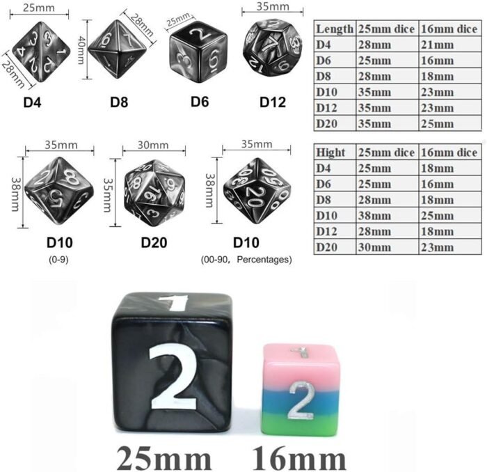 Dungeons and Dragons D&D Giant Black 25mm Polyhedral Dice Set - RPG Dice Bag, Pathfinder, MTG - Image 2