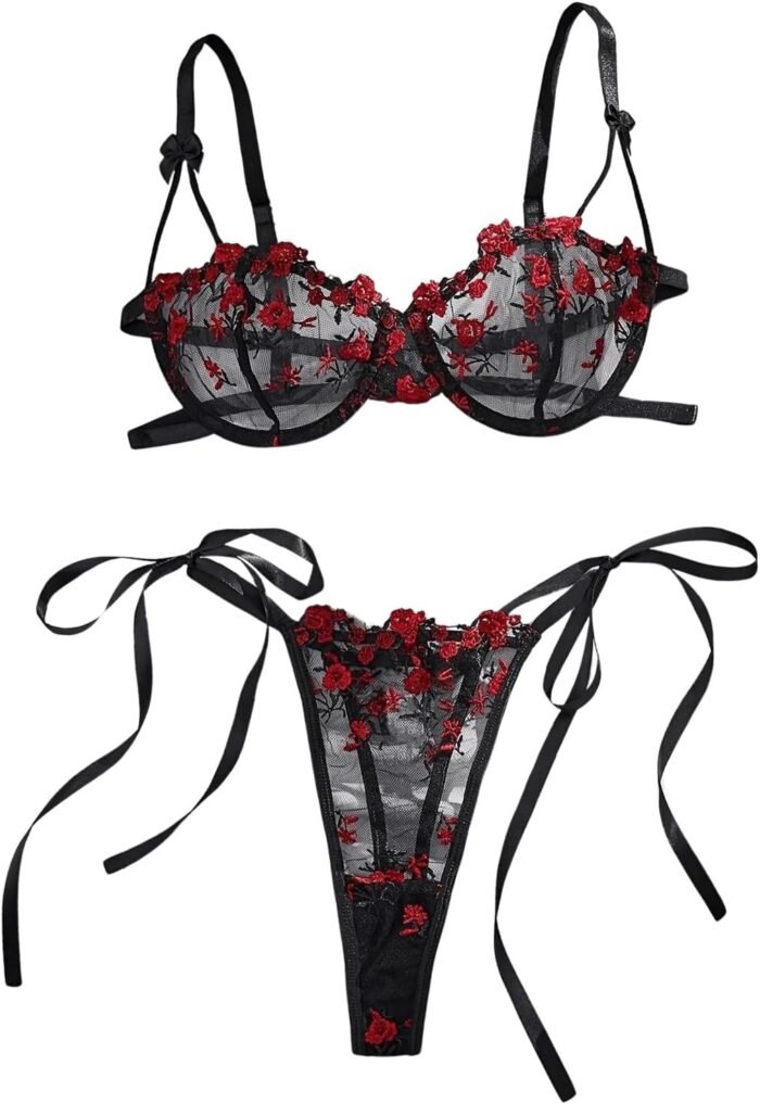 GORGLITTER Women's Bow Bra Sexy Lingerie Set Mesh Push Up Bralette and Panty 2 Piece